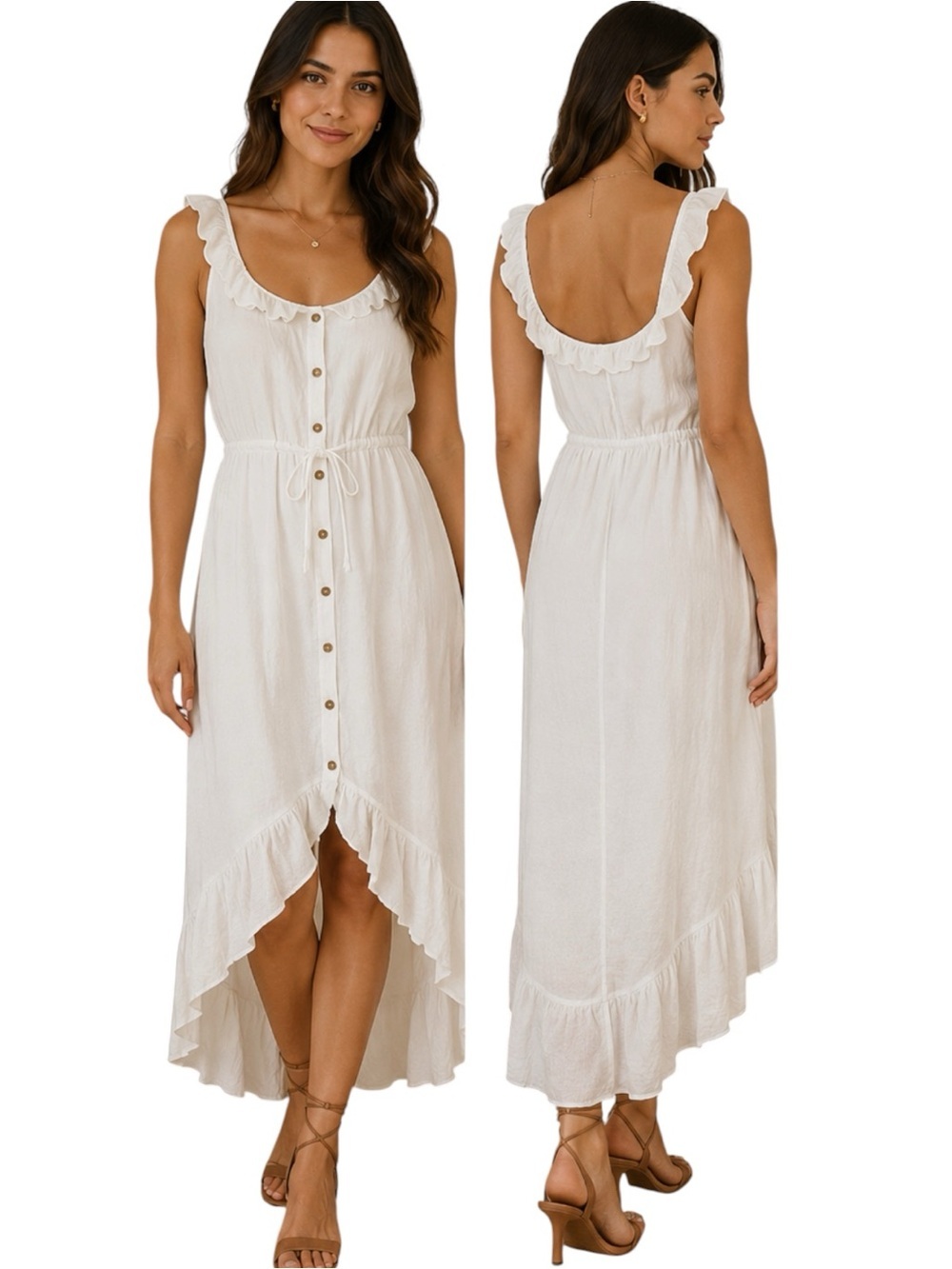 Luxology White Sleeveless Button Front Midi Dress Size L Ruffle Hem